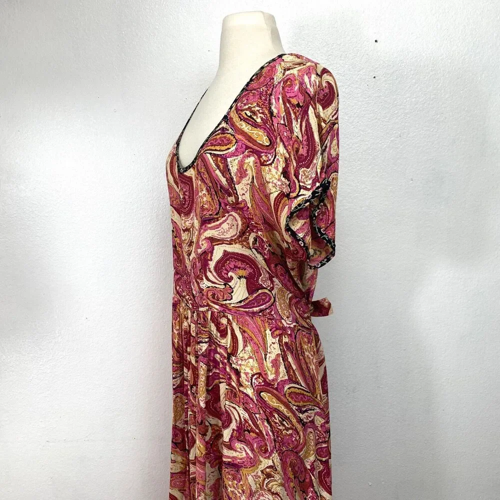 Vintage Zoe Womans Maxi Dress Large  Rayon Crepe Pink Paisley Boho Peasant Y2K